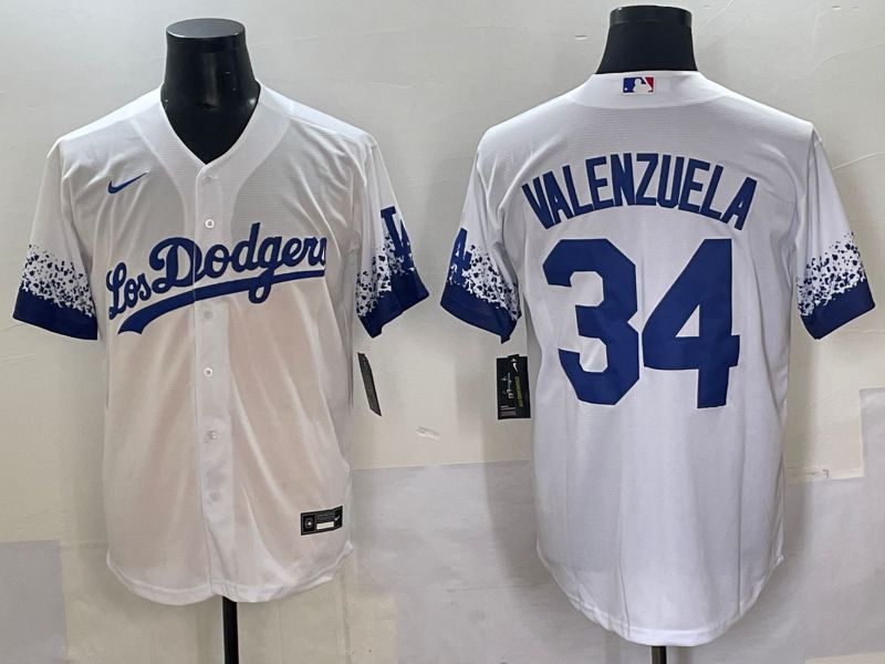 Men 2025 Los Angeles Dodgers #34 Valenzuela White blue City Edition Nike MLB Jersey style 1->los angeles dodgers->MLB Jersey
